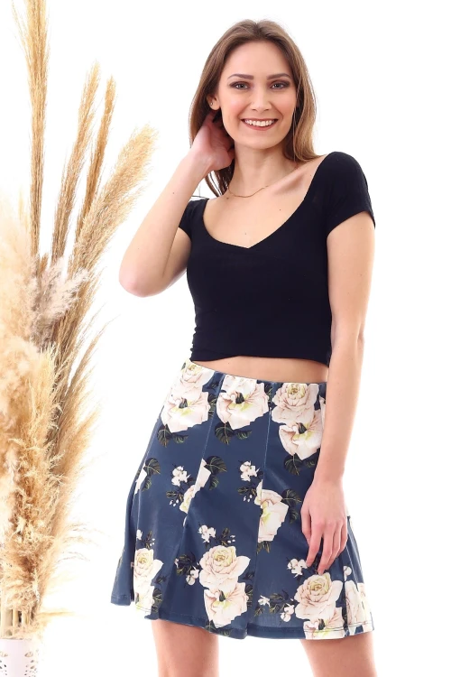 Petrol Parçalı Lastikli Kısa Kadife Etek CO-259474746