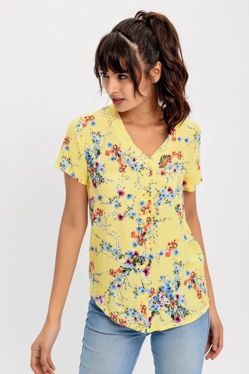Sarı V Yaka Desenli Bluz BCBSK-25700-H5030