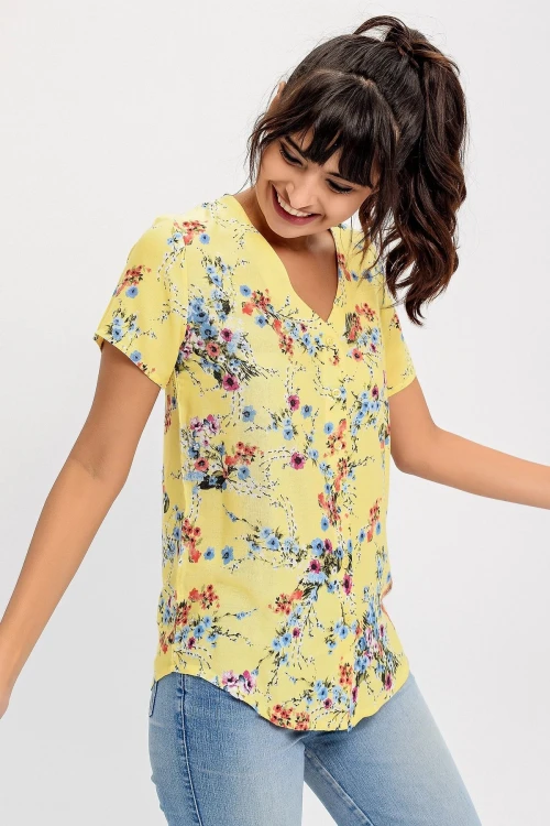 Sarı V Yaka Desenli Bluz BCBSK-25700-H5030