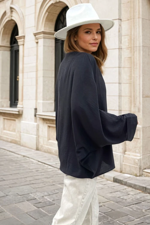 Siyah Airobin Duble Kol Salaş Bluz BCBSK-25700-2943