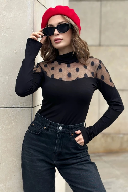 Siyah Balıkçı Yaka Tül Garnili Uzun Kol Bluz BCBSK-25700-K4591