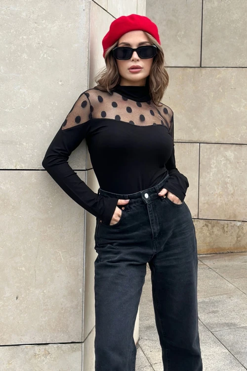 Siyah Balıkçı Yaka Tül Garnili Uzun Kol Bluz BCBSK-25700-K4591