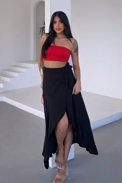 Siyah Beli Bağlamalı Volanlı Kloş Muslin Dokuma Etek BCBT-251006