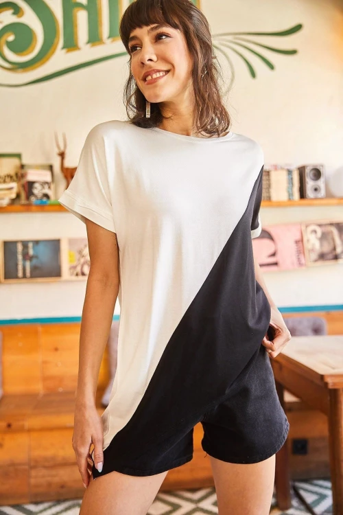 Siyah Bisiklet Yaka Renk Bloklu Kısa Kol Bluz BCBSK-25700-K7169