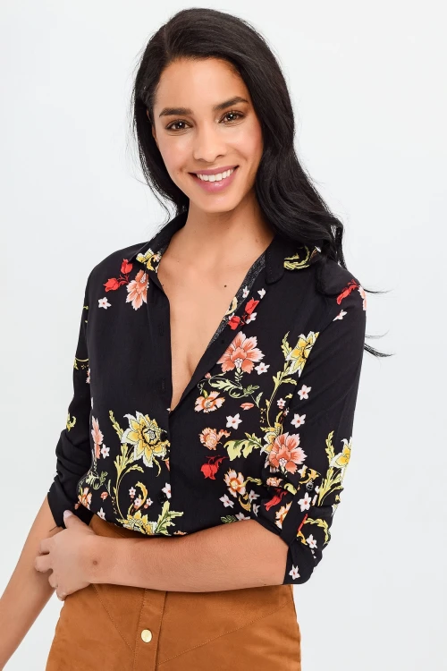 Siyah Çiçek Desenli Çiçek Desenli Gömlek BCBSK-25700-H5036