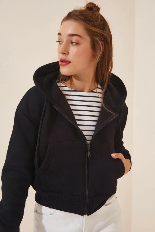 Siyah Çift Cepli Kapüşonlu Sweatshirt BCBSK-25700-K6433