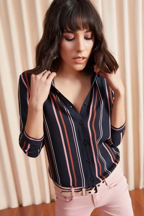 Siyah Çizgili Uzun Kol Viscon Gömlek BCBSK-25700-K4926