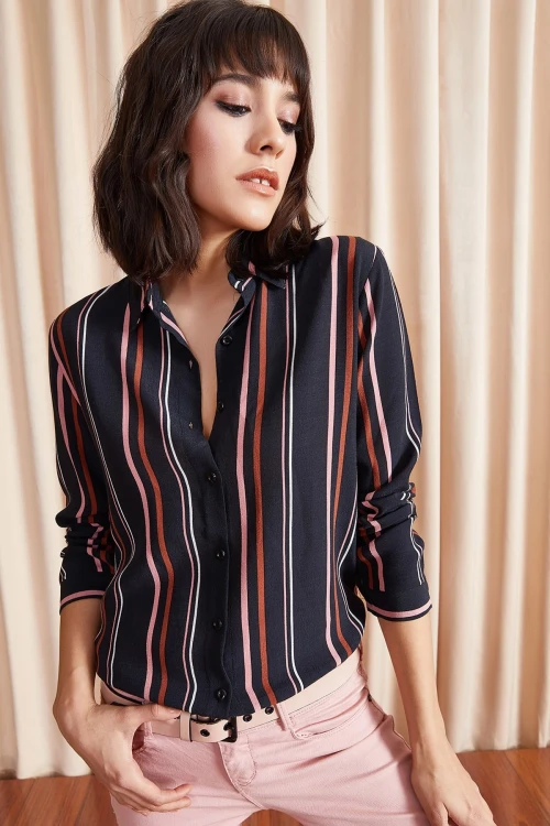 Siyah Çizgili Uzun Kol Viscon Gömlek BCBSK-25700-K4926