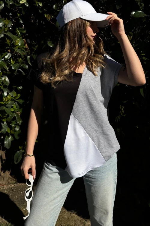 Siyah Color Block Salaş T-Shirt BCBSK-25700-3207