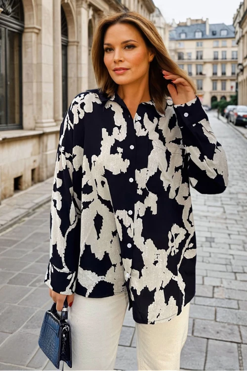 Siyah Desenli Oversize Uzun Kollu Gömlek BCBSK-25700-3457