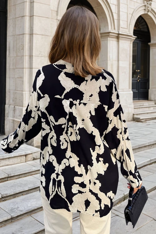 Siyah Desenli Oversize Uzun Kollu Gömlek BCBSK-25700-3457