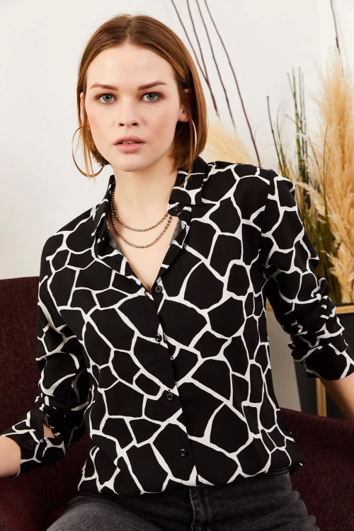 Siyah Desenli Uzun Kol Gömlek BCBSK-25700-K6107