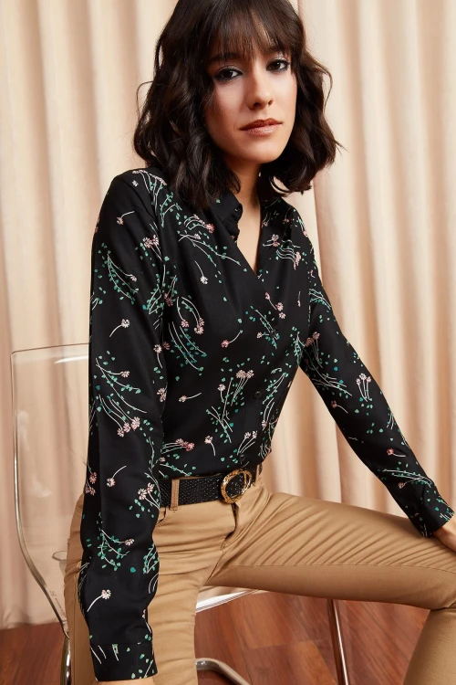 Siyah Desenli Uzun Kol Viscon Gömlek BCBSK-25700-K4922