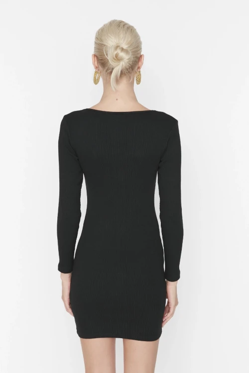 Siyah Göğüs Detaylı Uzun Kollu Dizüstü Kaşkorse Elbise BCBSK-25700-K7381