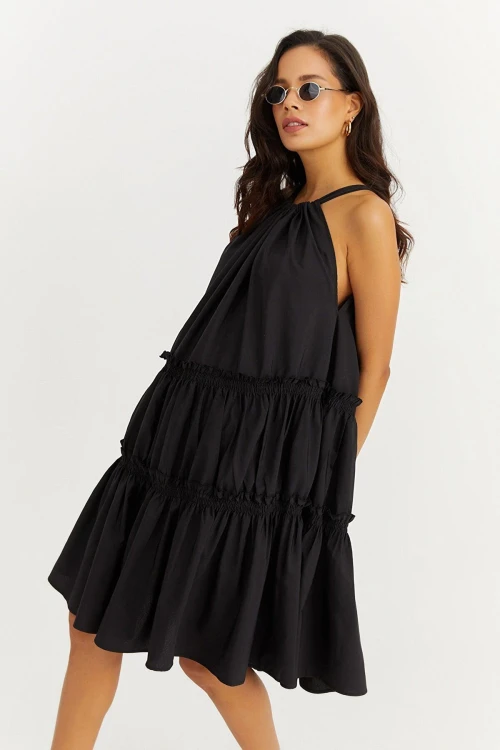 Siyah Halter Eteği Katlı Fırfırlı Poplin Kiloş Elbise BCBSK-25700-K7172