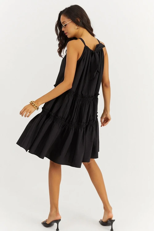 Siyah Halter Eteği Katlı Fırfırlı Poplin Kiloş Elbise BCBSK-25700-K7172