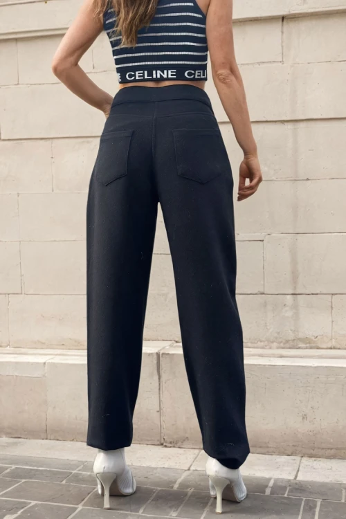 Siyah Kendinden Desenli Kaşe Yüksek Bel Cepli Piliseli Pantolon BCBSK-25700-3448