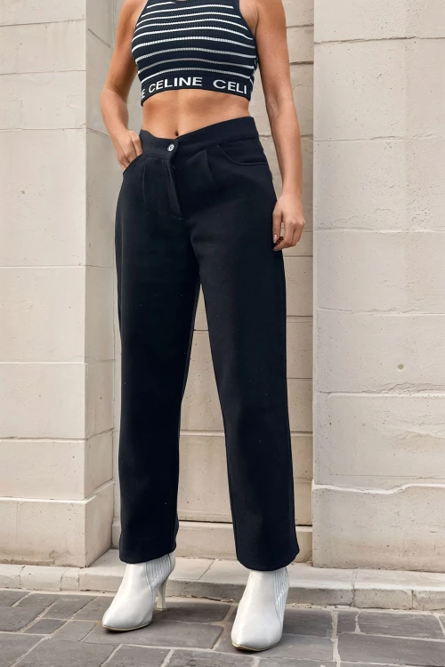 Siyah Kendinden Desenli Kaşe Yüksek Bel Cepli Piliseli Pantolon BCBSK-25700-3448