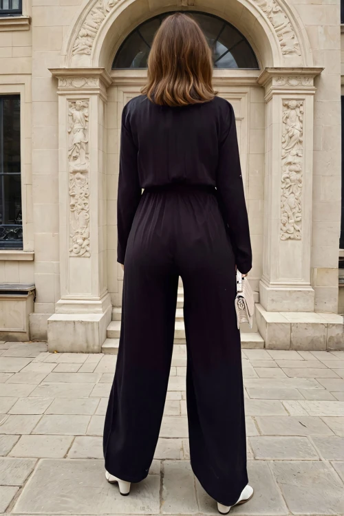 Siyah Kendinden Kemerli Beli Lastikli Yarım Pat Cepli Tulum BCBSK-25700-3297