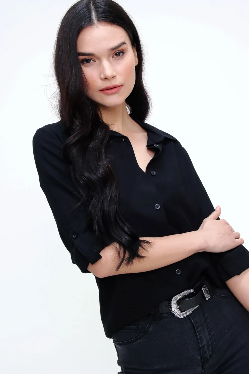 Siyah Keten Dokulu Gömlek BCBSK-25700-3043