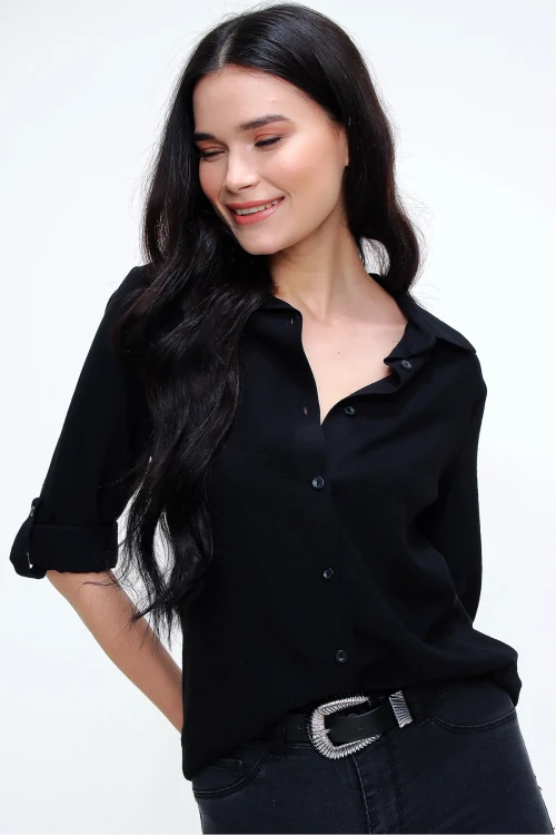Siyah Keten Dokulu Gömlek BCBSK-25700-3043
