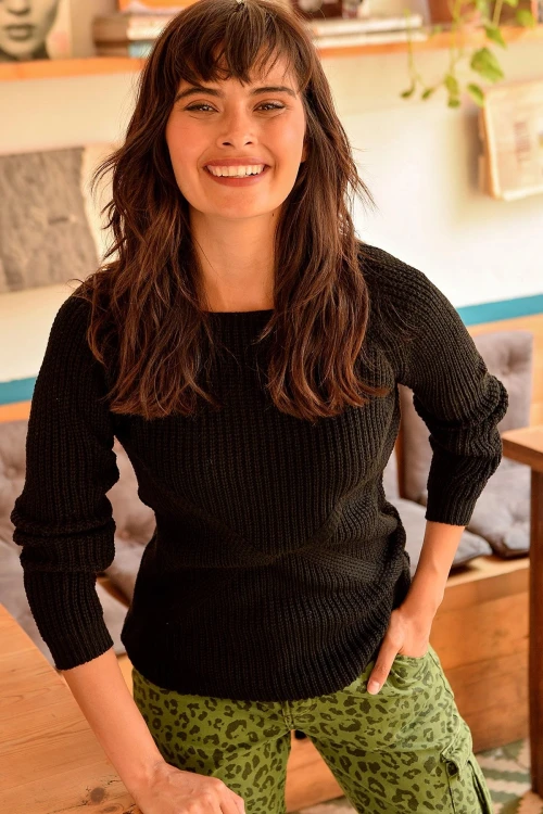 Siyah Modern Stil Kendinden Desenli Kazak BCBSK-25700-K1002