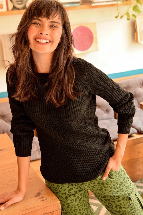 Siyah Modern Stil Kendinden Desenli Kazak BCBSK-25700-K1002