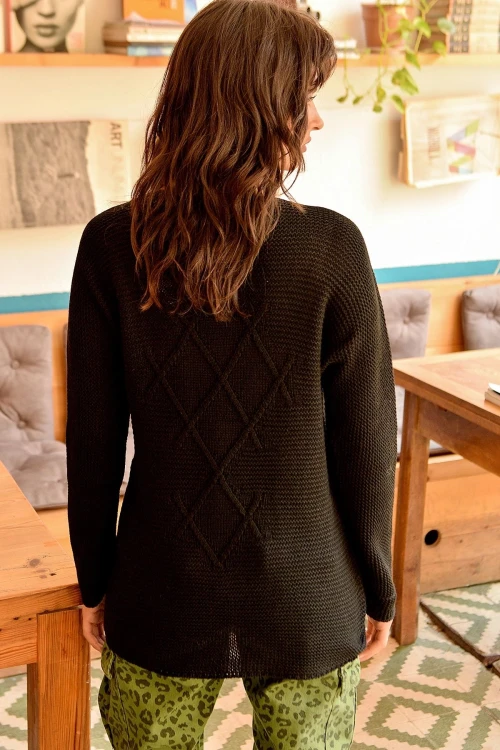 Siyah Modern Stil V Yaka Kazak BCBSK-25700-E1004