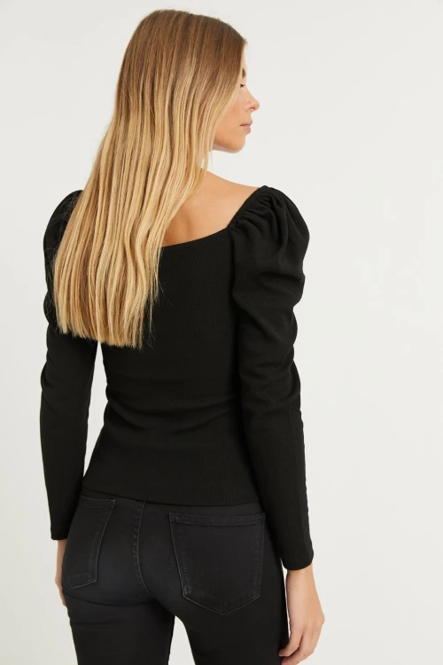 Siyah Prenses Kol Kare Yaka Çizgili Bluz BCBSK-25700-K5684