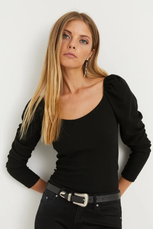 Siyah Prenses Kol Kare Yaka Çizgili Bluz BCBSK-25700-K5684