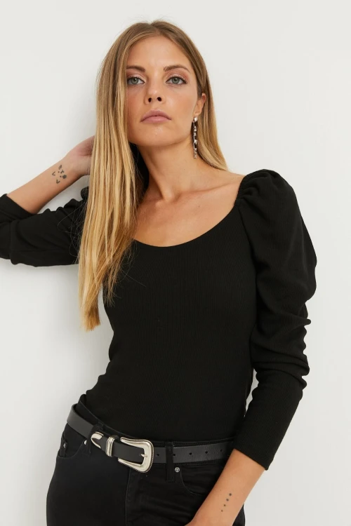 Siyah Prenses Kol Kare Yaka Çizgili Bluz BCBSK-25700-K5684