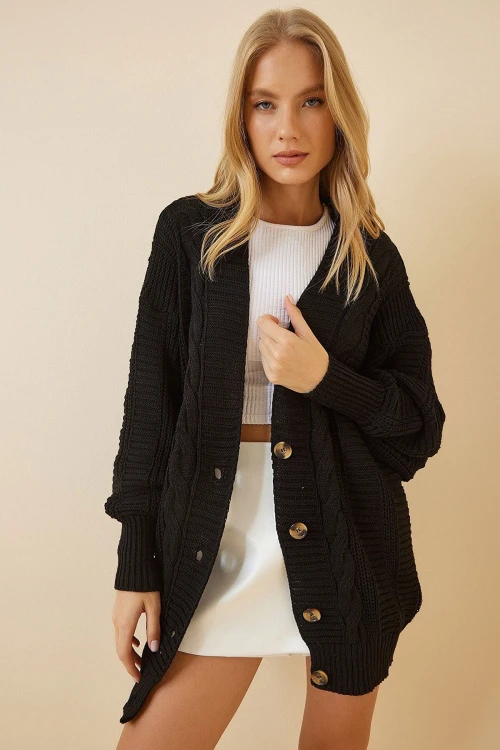 Siyah Saç Örgü Triko Hırka BCBSK-25700-K7248