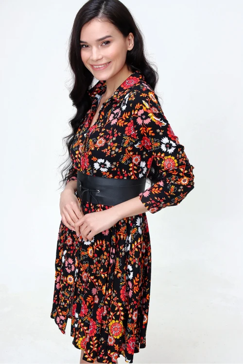 Siyah Sarı Hafif Kumaş Desenli Gömlek Elbise BCBSK-25650-2164-2