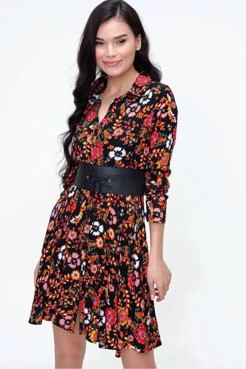 Siyah Sarı Hafif Kumaş Desenli Gömlek Elbise BCBSK-25650-2164-2