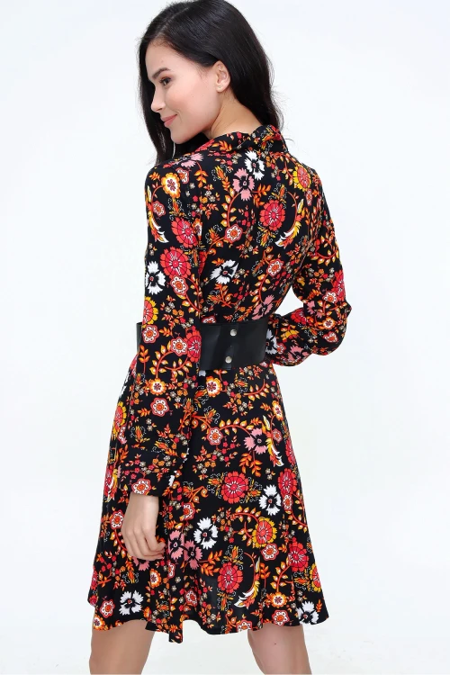 Siyah Sarı Hafif Kumaş Desenli Gömlek Elbise BCBSK-25650-2164-2