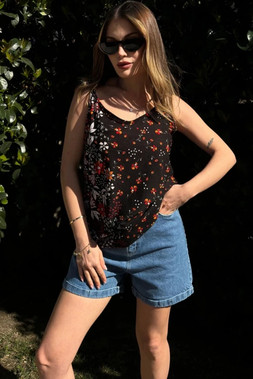 Siyah Turuncu Yumuşak Dokulu Kolsuz Bluz BCBSK-25700-3407