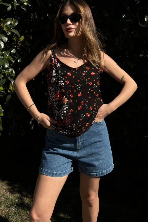 Siyah Turuncu Yumuşak Dokulu Kolsuz Bluz BCBSK-25700-3407