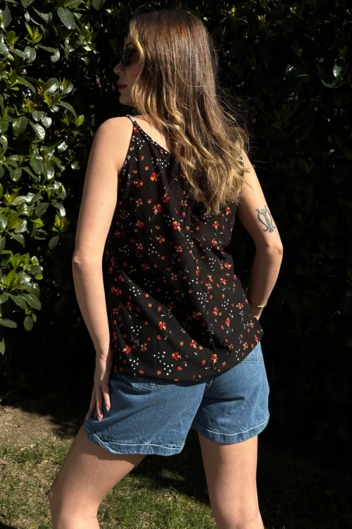 Siyah Turuncu Yumuşak Dokulu Kolsuz Bluz BCBSK-25700-3407