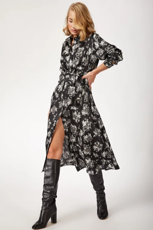 Siyah Uzun Desenli Gömlek Elbise BCBSK-25700-K4749