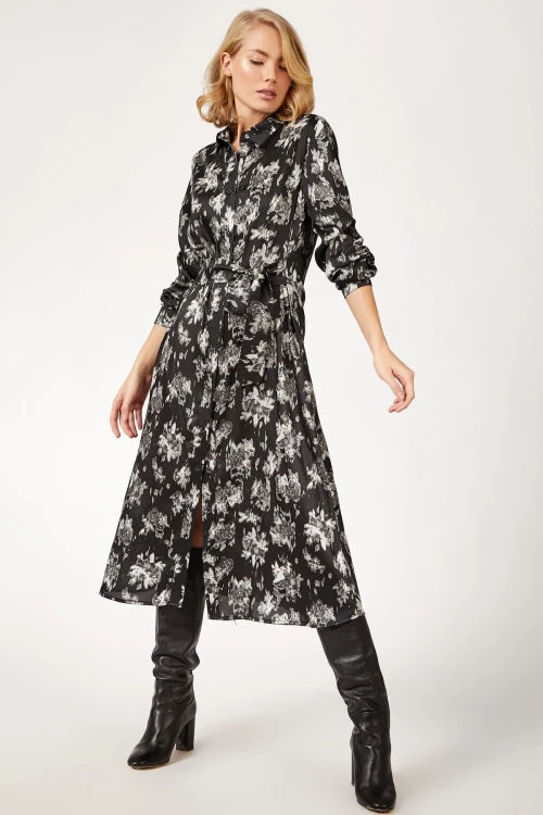 Siyah Uzun Desenli Gömlek Elbise BCBSK-25700-K4749