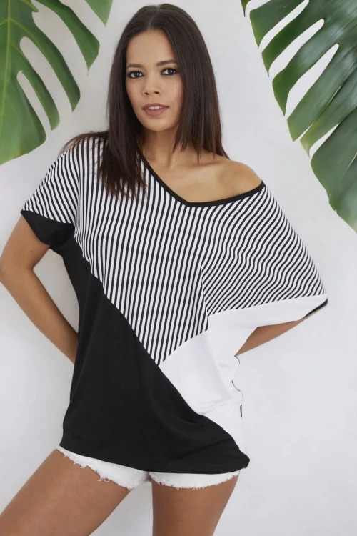 Siyah V Yaka Bloklu Kısa Kol Bluz BCBSK-25700-K6218