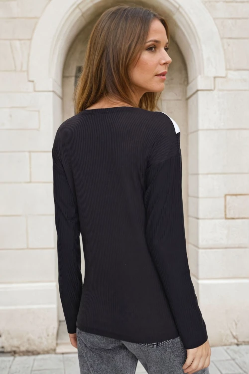 Siyah V Yaka Color Block Kazak BCBSK-25700-2750