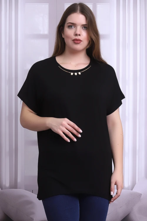 Siyah Yaka Taş Aksesuarlı Kısa Kol Büyük Beden Bluz CO-25B21399901