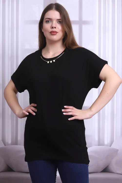 Siyah Yaka Taş Aksesuarlı Kısa Kol Büyük Beden Bluz CO-25B21399901