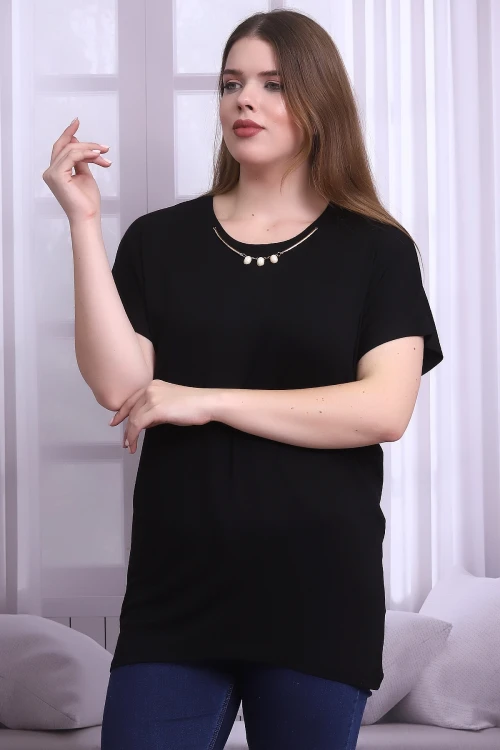 Siyah Yaka Taş Aksesuarlı Kısa Kol Büyük Beden Bluz CO-25B21399901