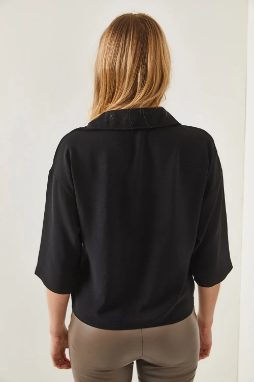 Siyah Yarım Kol Oversıze Gömlek BCBSK-25700-K7394