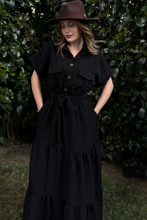 Siyah Yarım Patlı Eteği Piliseli Kendinden Kemerli Salaş Elbise BCBSK-25700-3336