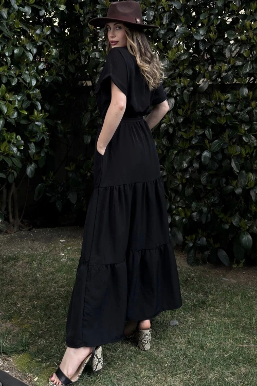 Siyah Yarım Patlı Eteği Piliseli Kendinden Kemerli Salaş Elbise BCBSK-25700-3336