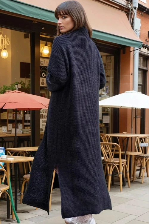 Siyah Yırtmaçlı Salaş Uzun Panço Elbise BCBSK-25700-CCK95007