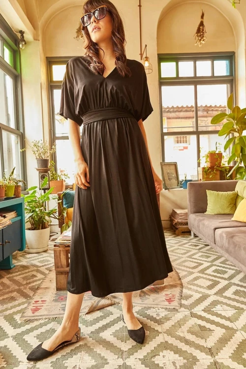 Siyah Yumuşak Dokulu Salaş Elbise BCBSK-25700-K4053